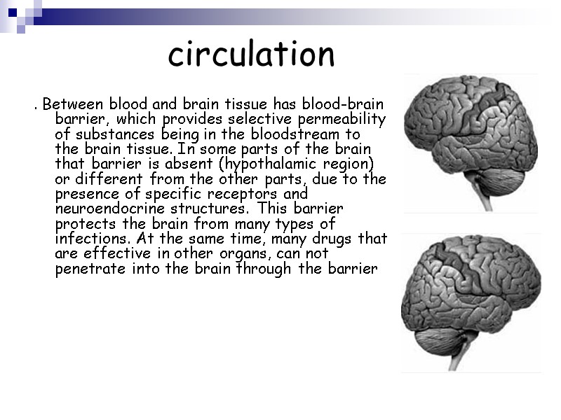 circulation . Between blood and brain tissue has blood-brain barrier, which provides selective permeability